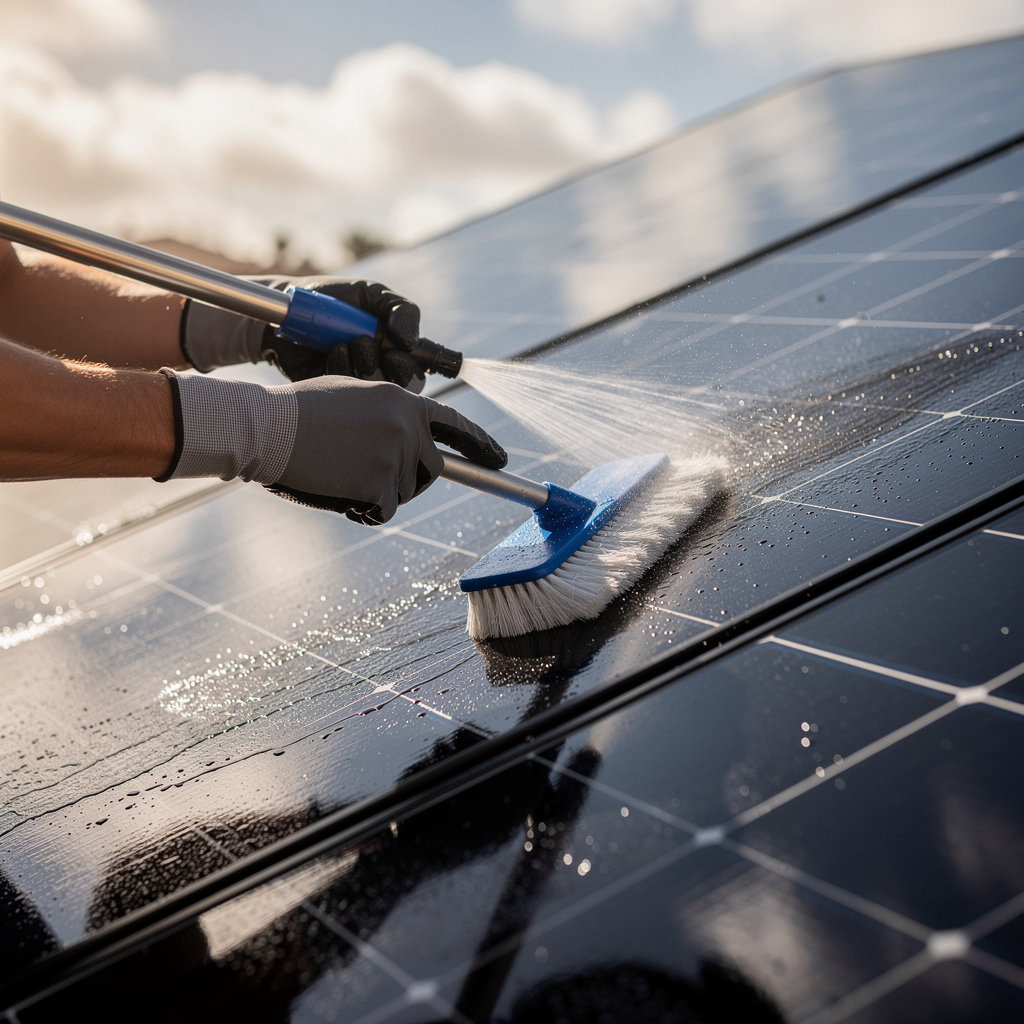 Santa Barbara Window Cleaning technician performing professional solar panel cleaning in Santa Barbara, CA